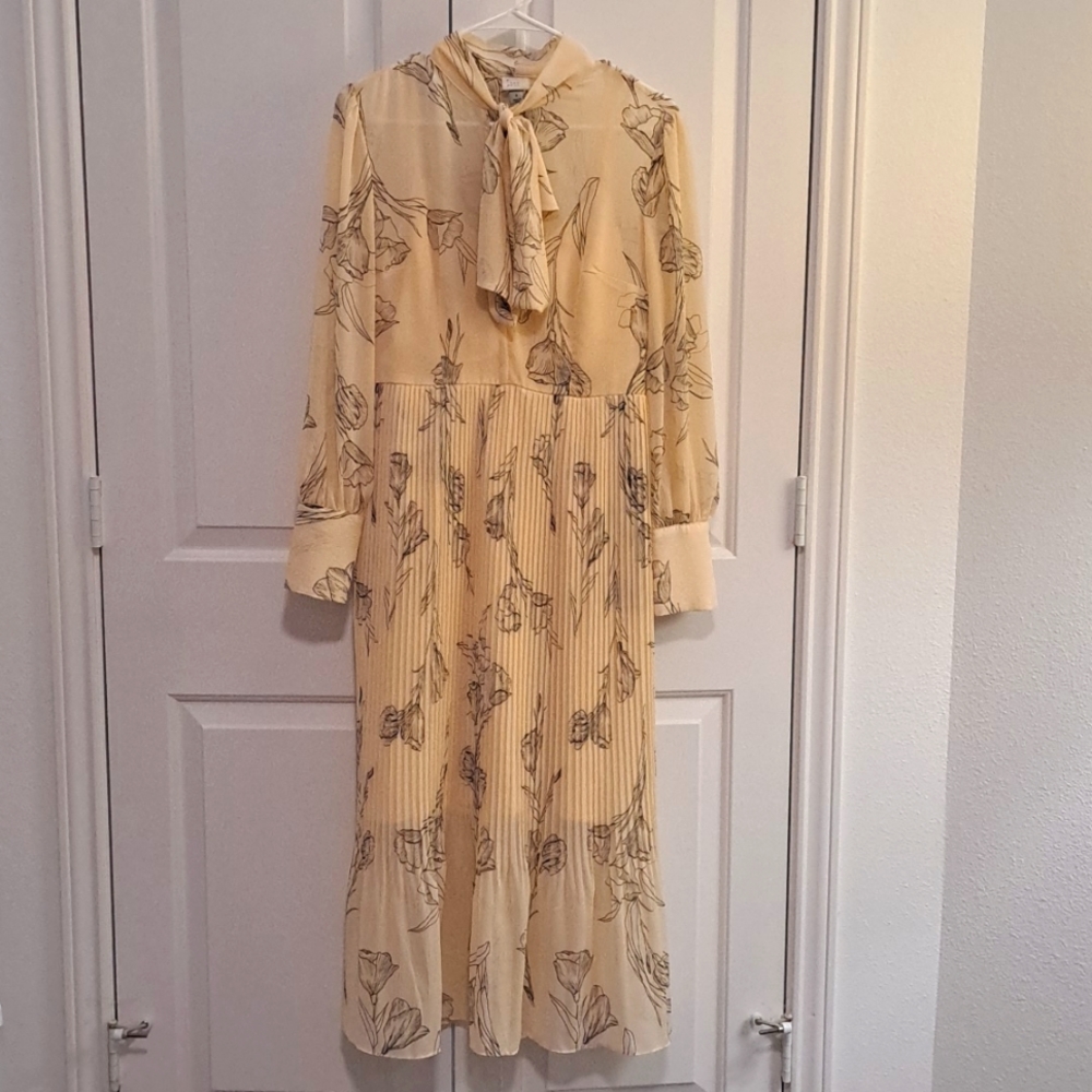 A New Day Long-Sleeve Maxi Dress, Size Small, Cream Color with Floral Design